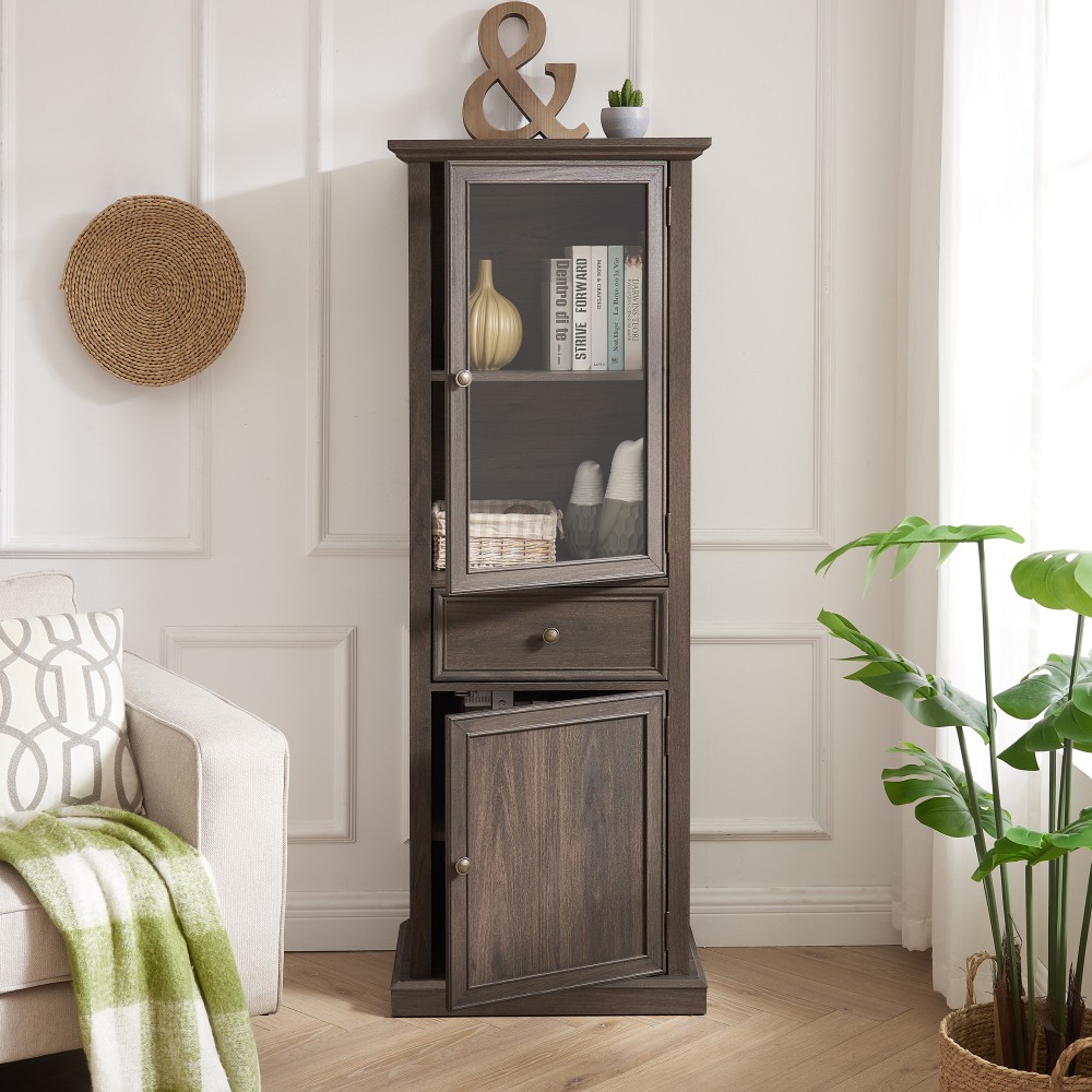 Freestanding Tall Storage Cabinet  Brown Glass Doors Shelves Drawer Versatile