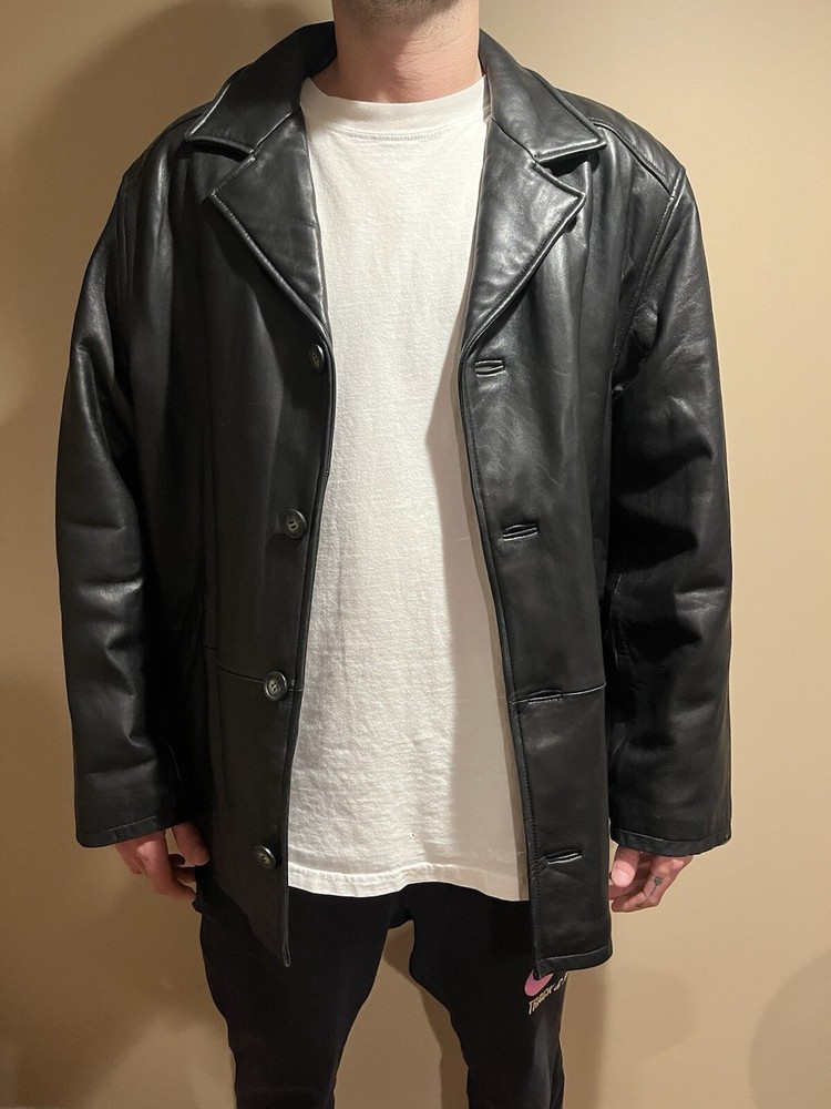 Vintage London Fog Black Leather Jacket for Men - Retro Bomber Style Blazer Coat in Size Large
