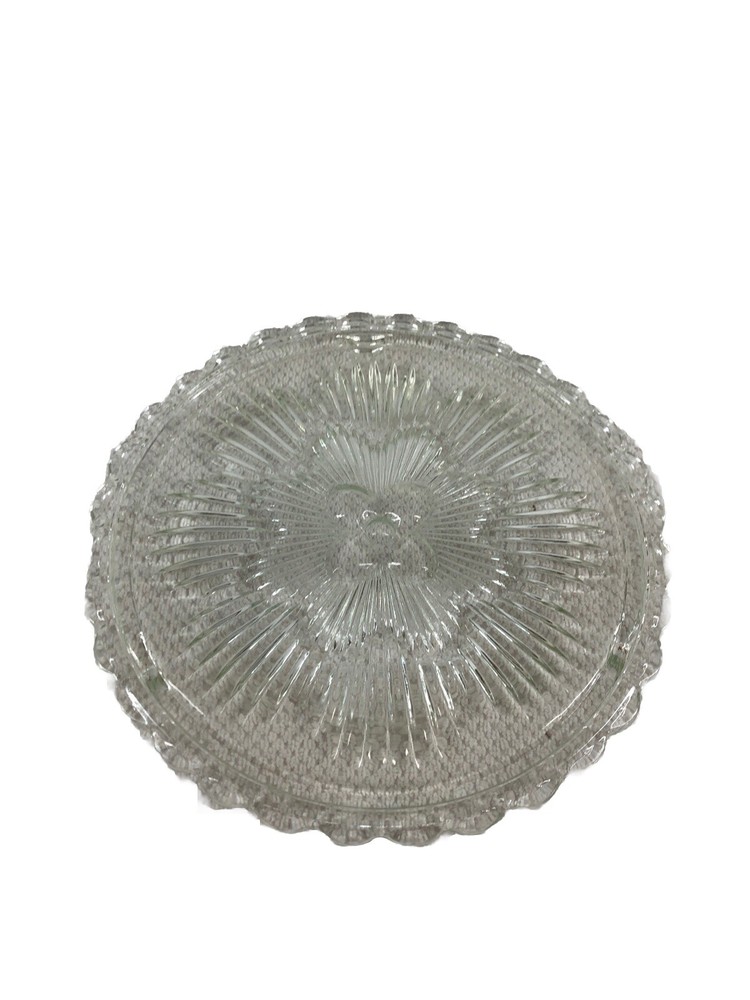 Vintage Glass Cake Plate Platter Footed Ribbed Starburst Scalloped 11.25