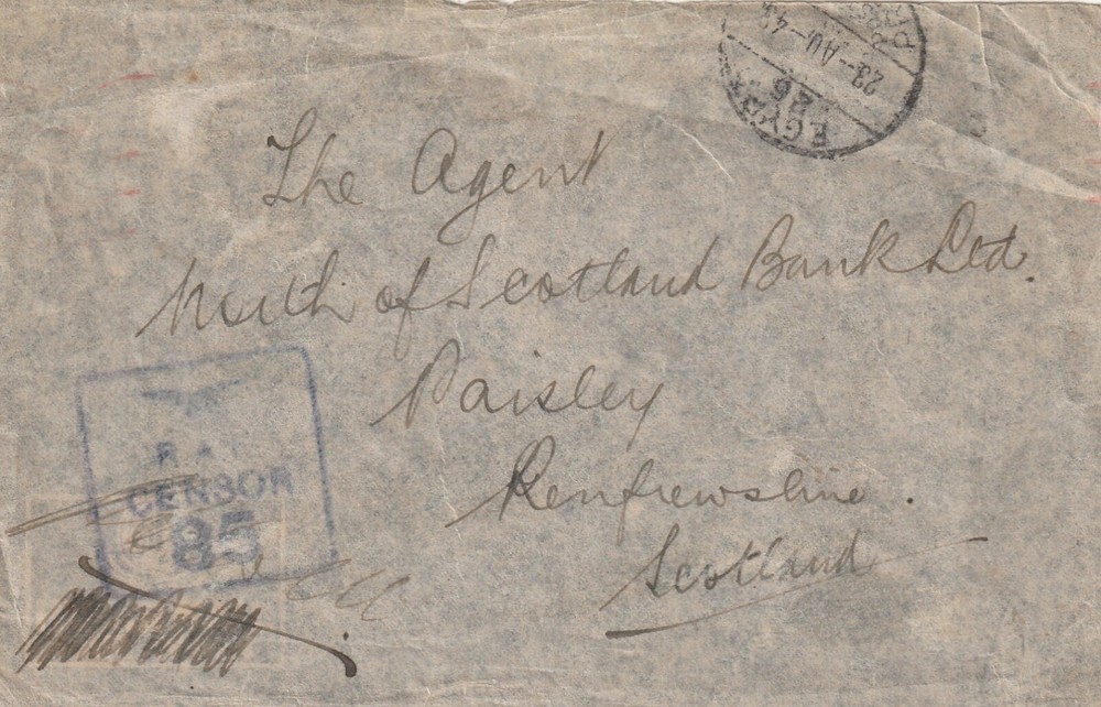 EGYPT to SCOTLAND 1943 RAF CENSOR 85 Type R11 CANCELLED