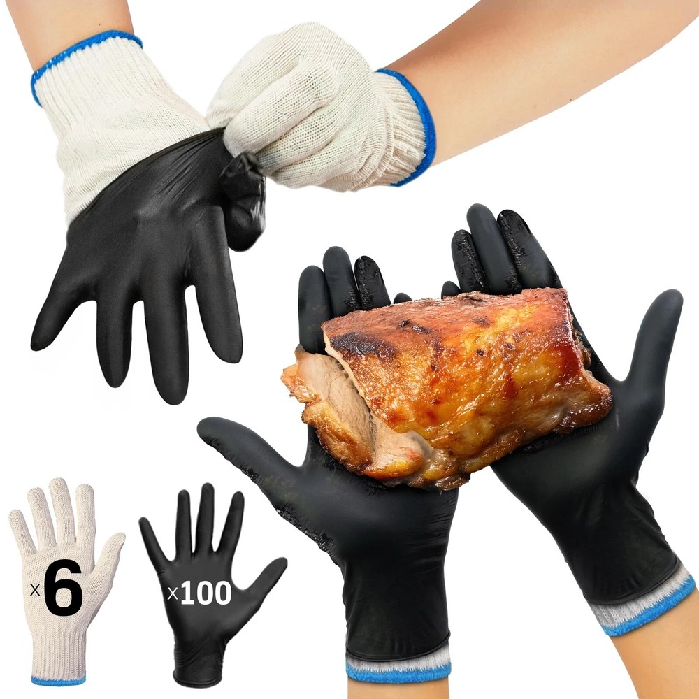 Heat Resistant BBQ Gloves with 6 Cotton Liners and 100 Disposable Nitrile Gloves