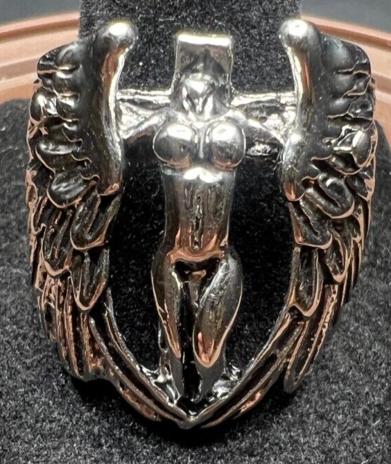 Vintage Antique Silver Tone Angel Wings Biker Punk Rock Ring - Size 10