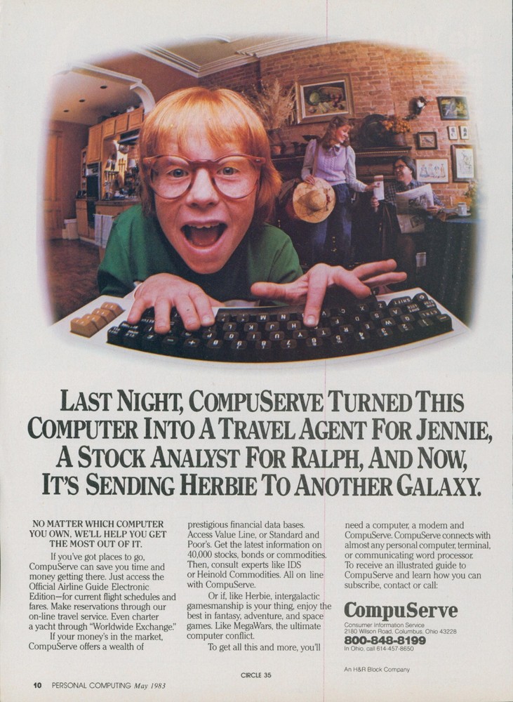 1983 CompuServe Get Family Online Travel Agent Stock Galaxy Adventure Ad PEC1