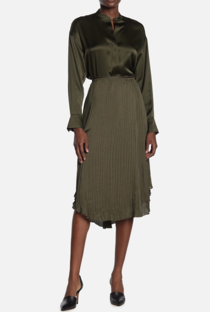 $345 VINCE PLEATED CRUSHED DRAPE MIDI SKIRT IN MINERAL PINE GREEN Size L