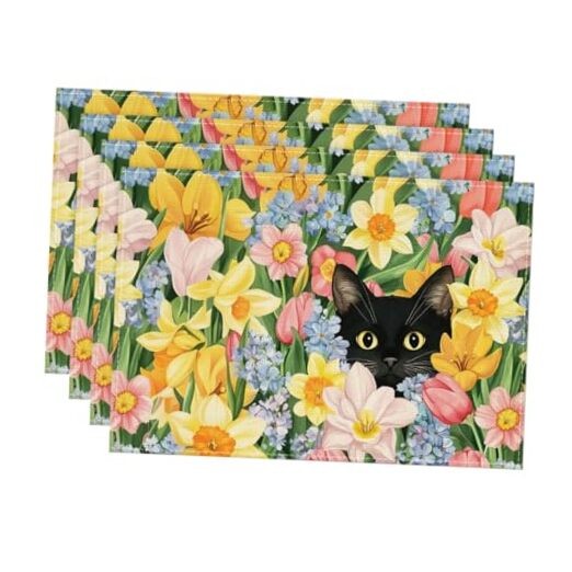 Tulip Flowers Cat Spring Placemats Set 12