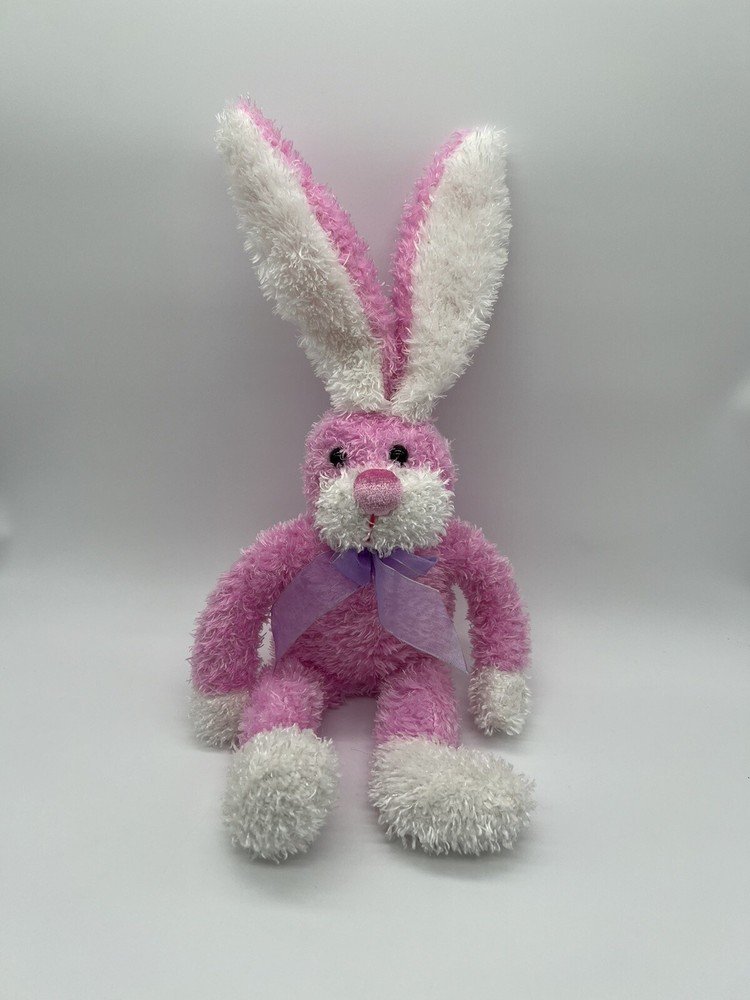 Pink White Bunny Rabbit Purple Bow Poseable Ears Dan Dee Plush Easter 16