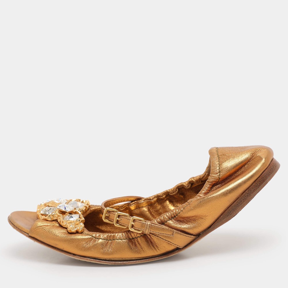 Miu Miu Gold Leather Embellished Scrunch Ballet Flats Size 38