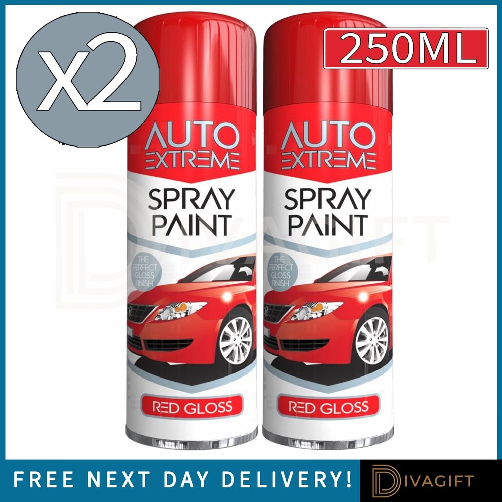 2 x RED GLOSS AEROSOL SPRAY PAINT 250ML AUTO EXTREME FOR CARS METAL PLASTIC NEW