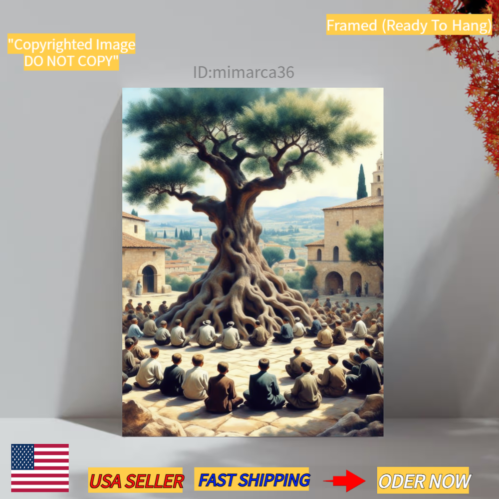 Children Learning, Jerusalem Olive Tree Paint Wall Art Canvas Print Art - framed