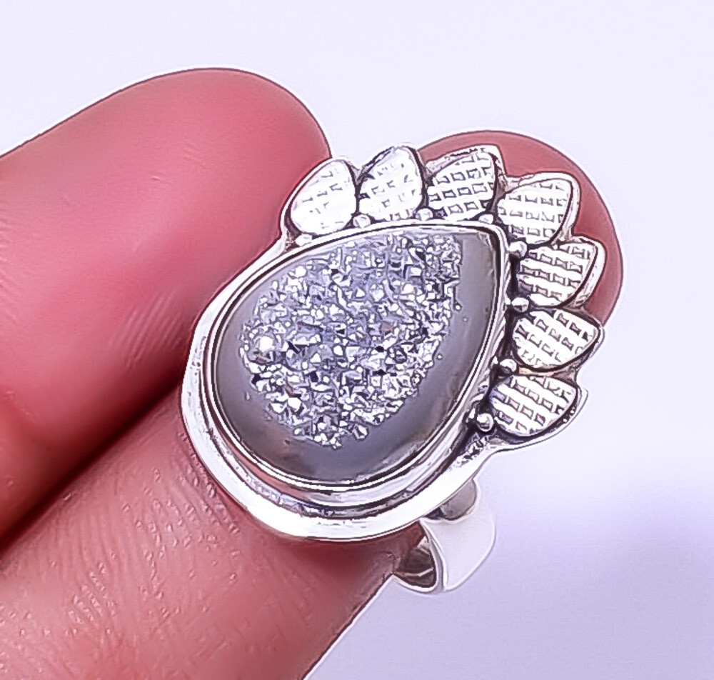 Titanium Silver Agate Drusy Designer 925 Sterling Silver Ring Adjustable (R60)
