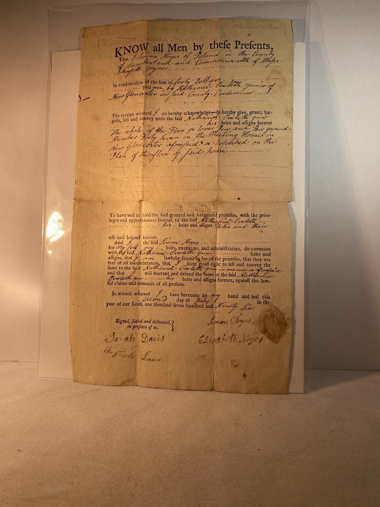 1796 $40 Deed For A Church Pew Simon Noyes to Nathaniel Evelith New Gloucester