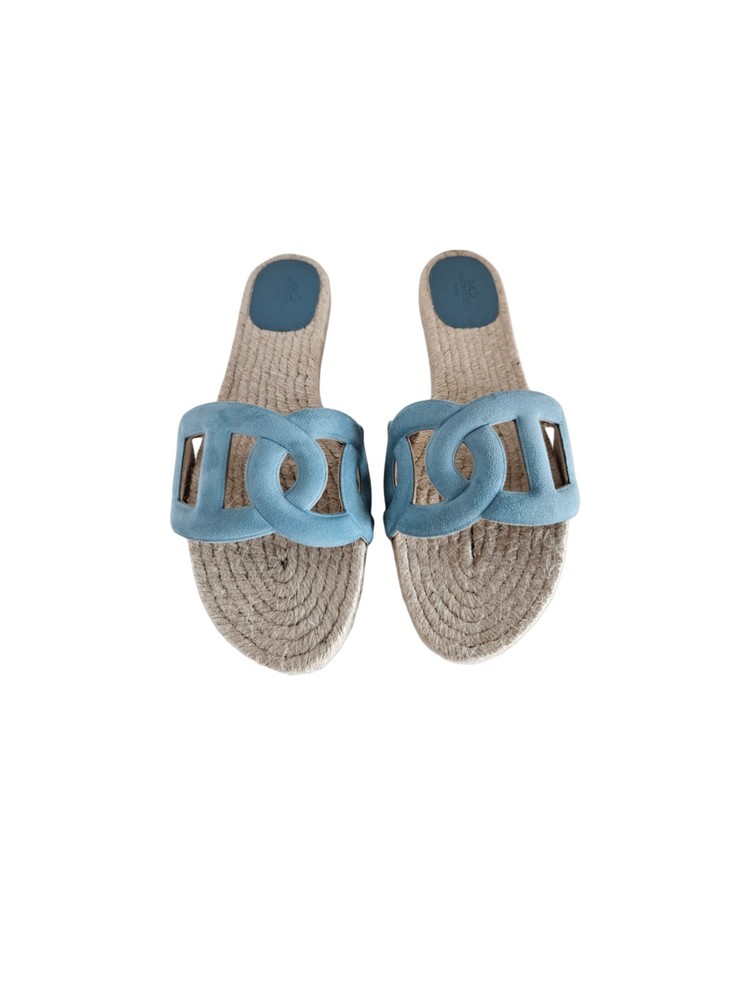 Hermes Bleu Citadin Famosa Espadrilles Napa Leather Woman Flat Slide, size 39