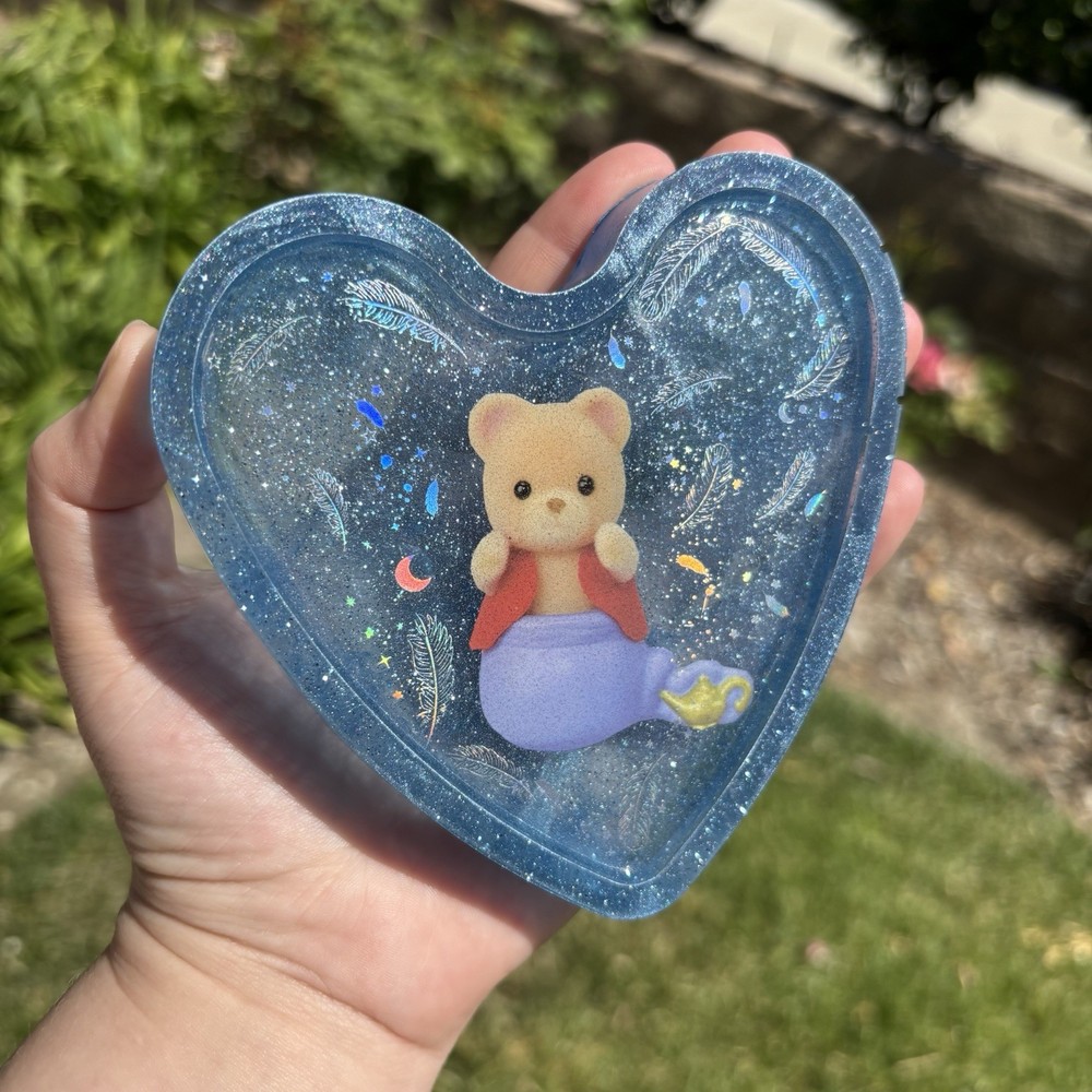 Rainbow Holo Blue Glitter Genie Calico Critters Heart Resin Coaster  