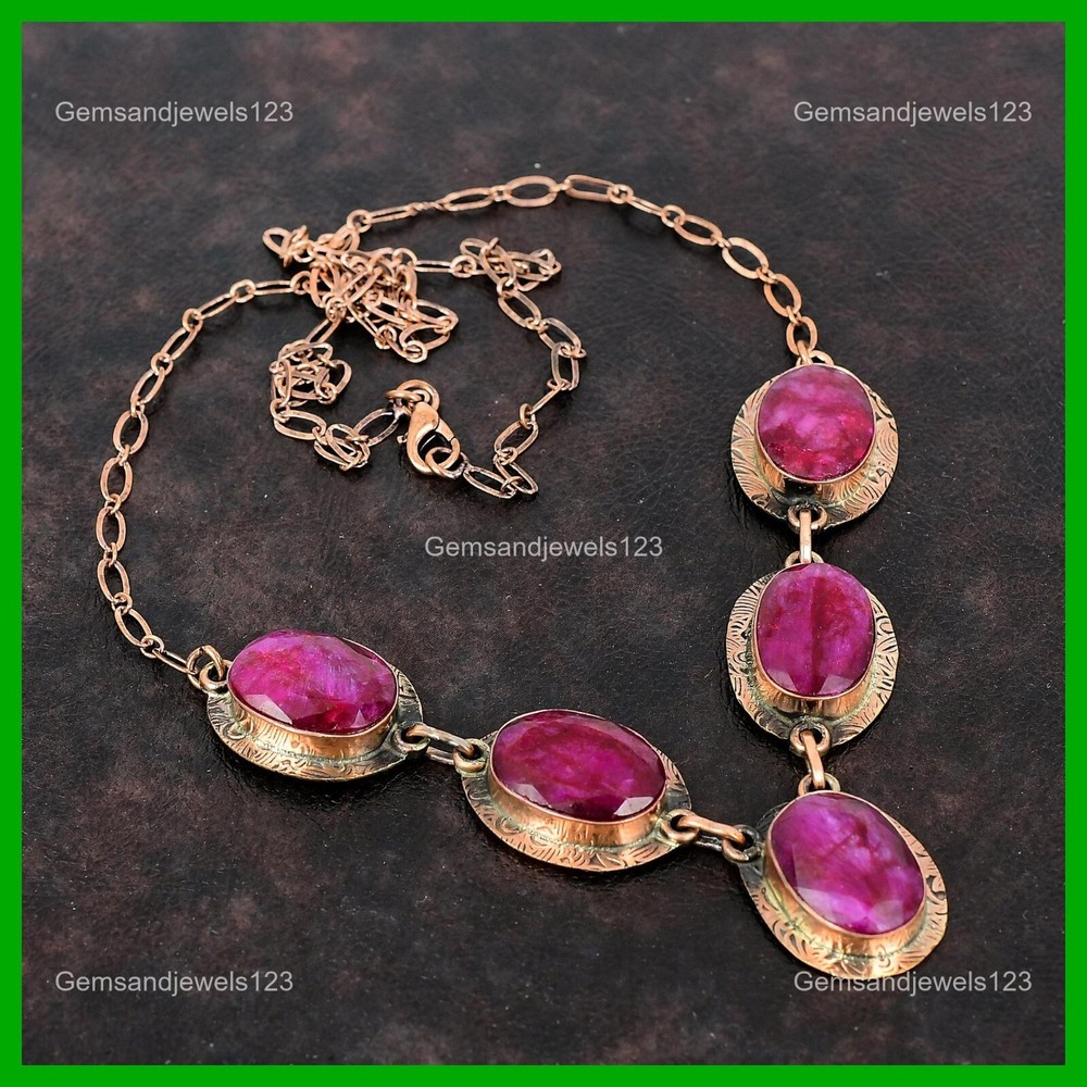 Mothers Day Sale Copper Kashmir Rubi Gemstone Handcrafted Bezel Necklace Jewelry  -image