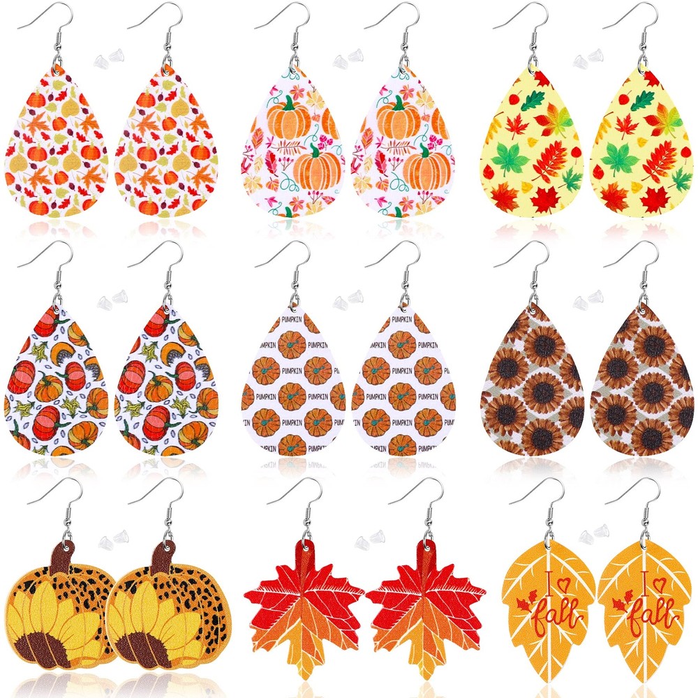 9 Pair Thanksgiving Fall Faux Leather Pumpkin Sunflower Earrings for Women