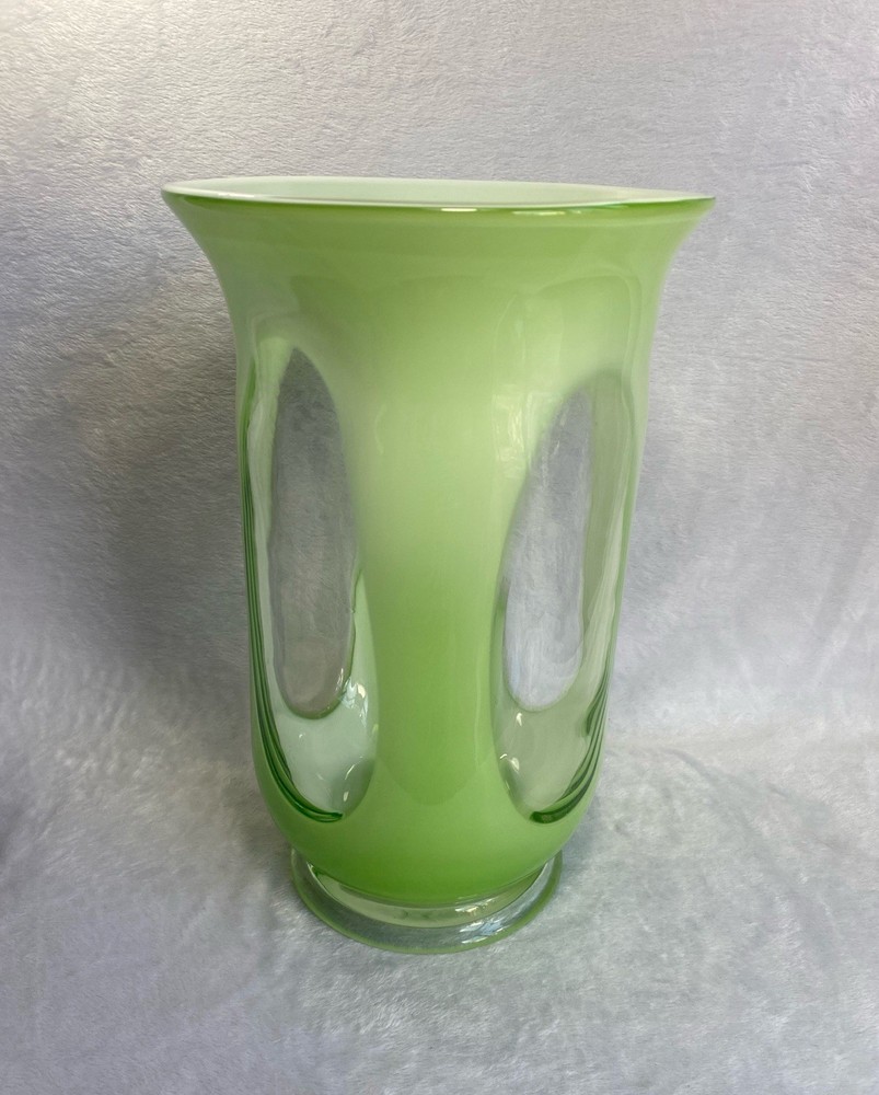 Mid Century Modern Glass Hand Blown Cased Vase Green Footed