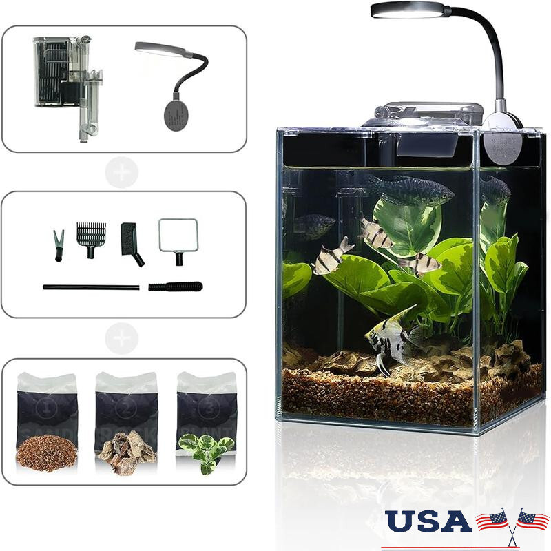 1.5 Gallon Betta Fish Tank Kit with Self-Cleaning Filter Gravel Plants and Tools