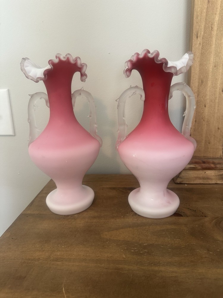 Pair Antique Victorian Pink Satin Glass Vases W/Thorn Handles.  Handblown.  11”T