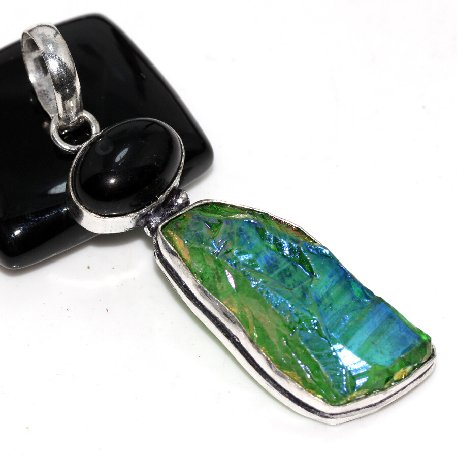 Green Titanium Aura Quartz Black Onyx 925 Silver Plated Pendant 2.5