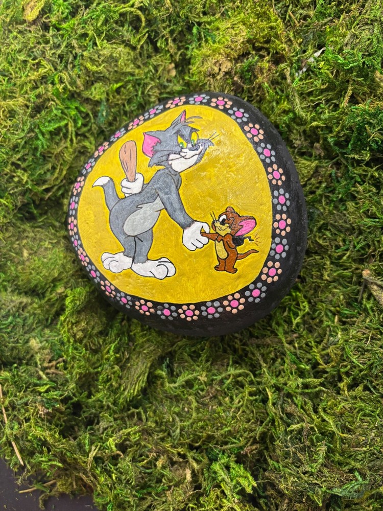 Hand Painted Tom and Jerry Garden River Rock Weather Resistant