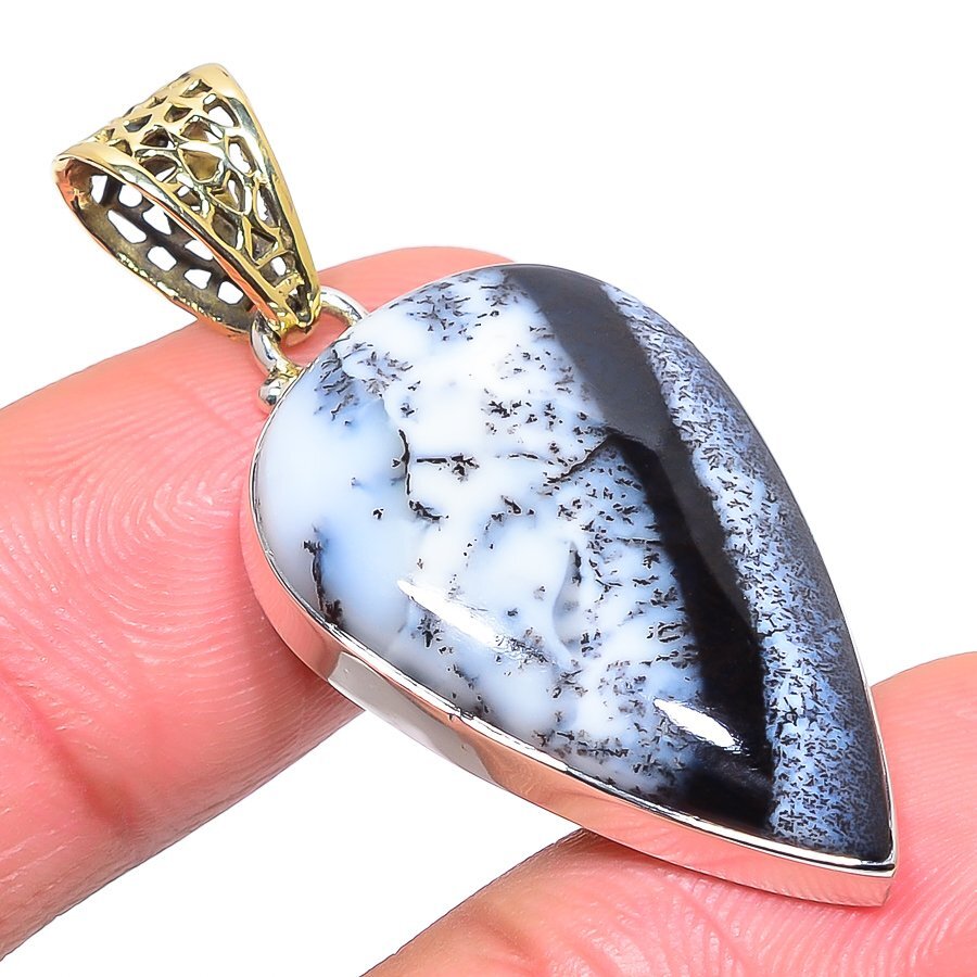 Natural Dendrite Opal Gemstone 925 Sterling Silver Two Tone Pendant 1.77