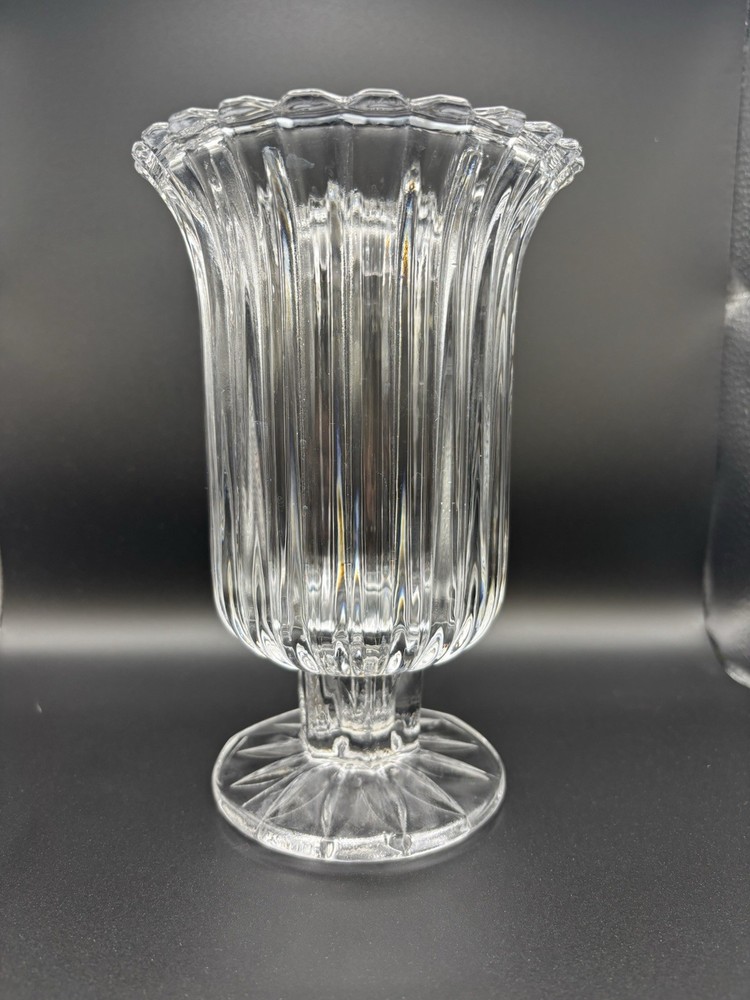 VNTG Hand Blown Clear Glass Pedestal Vase with Ribbed Design and Scalloped Collar
