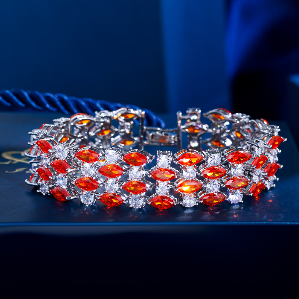 Silver Plated CZ Wide Chain Link Tennis Bracelet with Red & White Crystals for Women