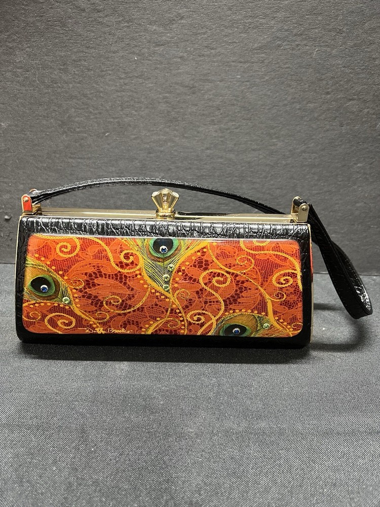 Debbie Brooks black peacock clutch with rhinestone studded clasp