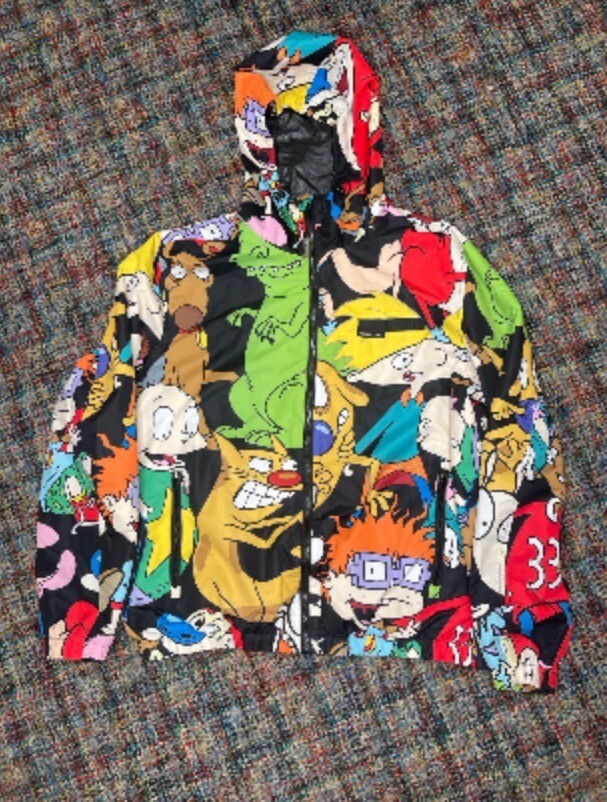 Members Only Nickelodeon Jacket Mens Large Rugrats Stimpy Cartoon All Over Print-image