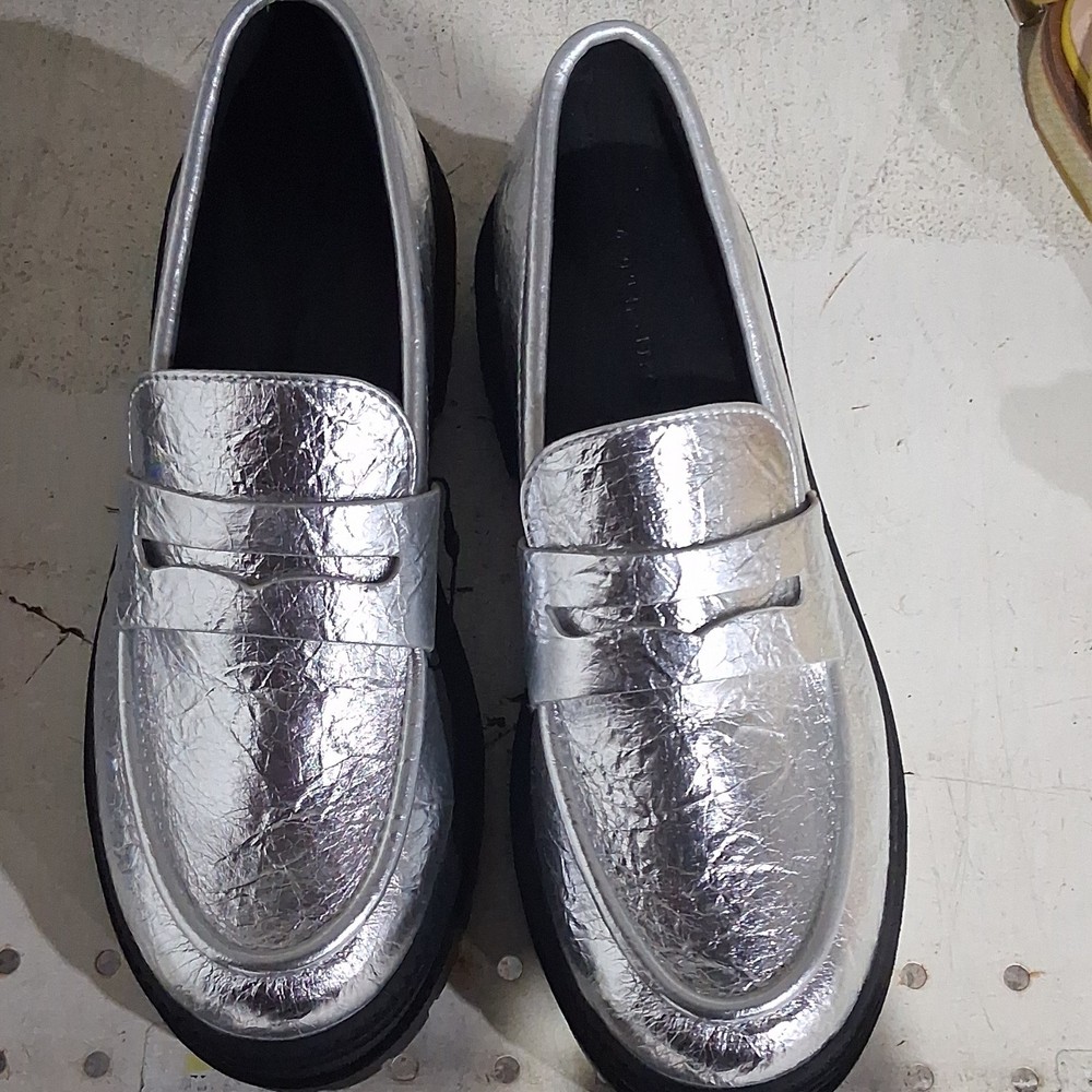 Zara Silver Loafer Flats Slip On Round Toe Synthetic for Women Casual