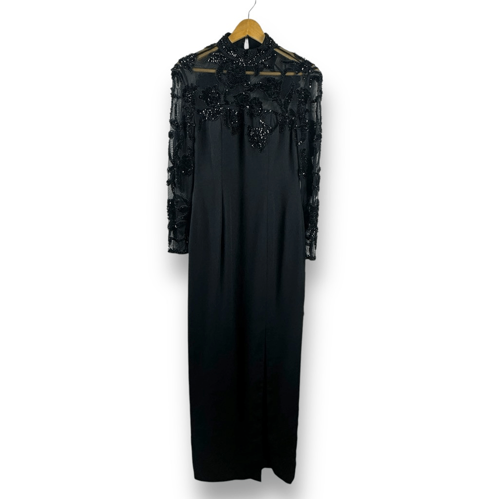 Scala Collection Black Victorian Goth High Neck Beaded Mesh Sleeve Maxi Dress