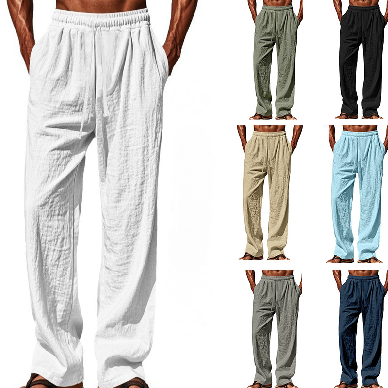 Men's Cotton Linen Casual Wide-Leg Pants Straight Fit Solid Color Lace-Up Trousers