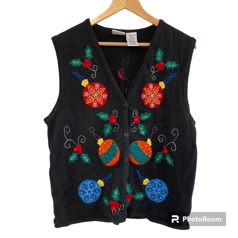 Chaleco Suéter Vintage Adorno Navidad Bordado Botón Frontal Mujer XL Negro