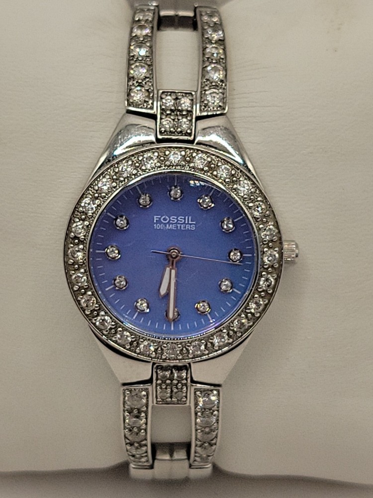 Fossil Silver Blue Pearl Gem Rhinestone Stainless Steel Ladies Watch with New Battery