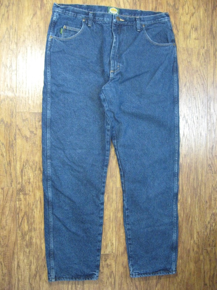 Cabelas Roughneck Blue dark wash denim red fleece lined mens jean pants = 40x34