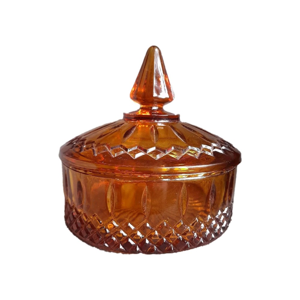 Vintage Indiana Glass Amber Diamond Point Princess Candy Dish with Lid