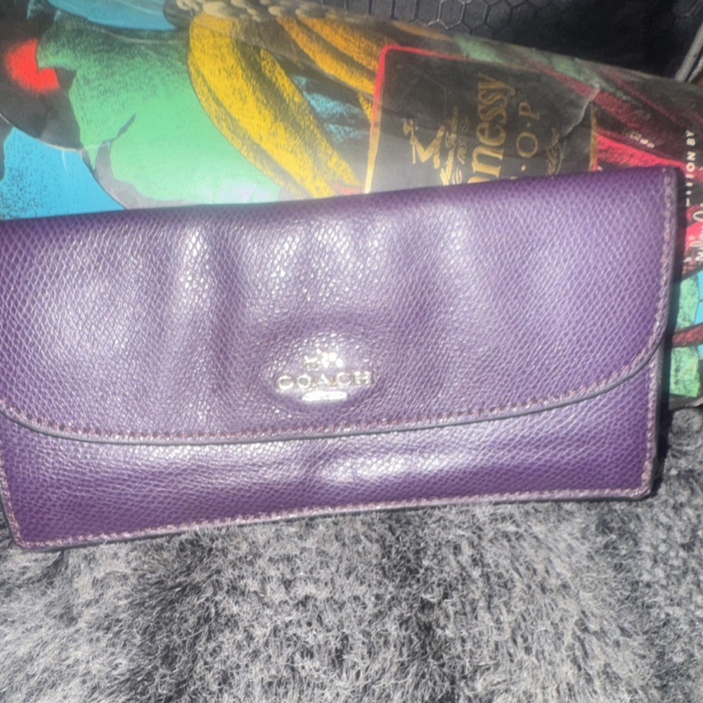 Coach Purple Envelope Wallet Logo Zipper Credit Card Designer Women's Solid