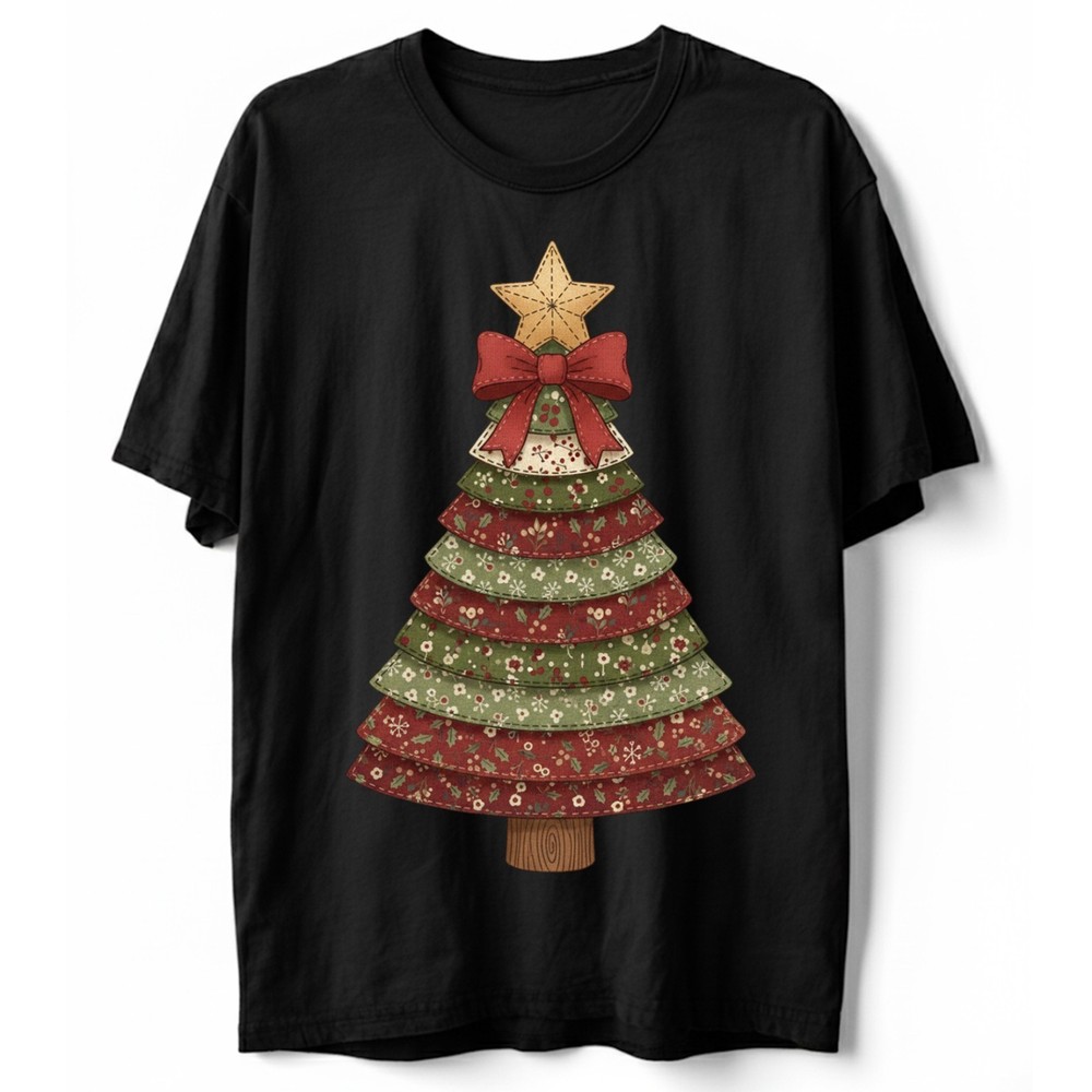 Country Christmas Tree T-Shirt Patchwork Holiday Farmhouse Craft Gift Tee S-5XL