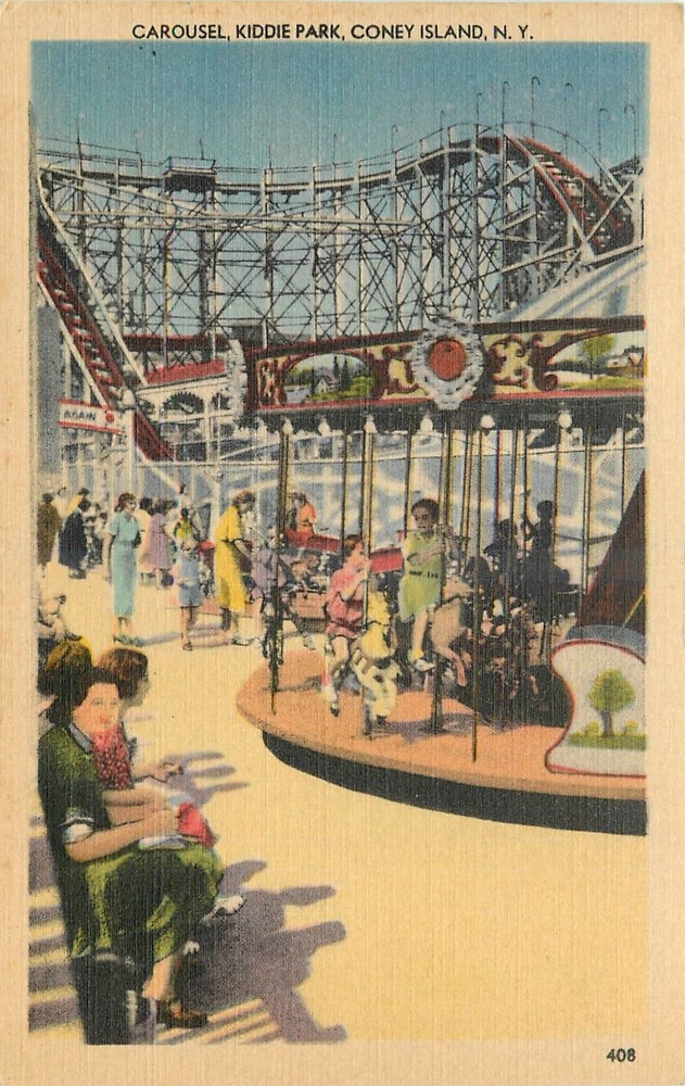 1940s Coney Island New York amusement Carousel Kiddie Park Postcard 25-11155