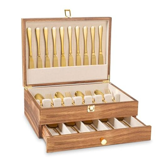 Silverware Storage Box, 2-Layer Flatware Storage Case with Drawer, Wooden