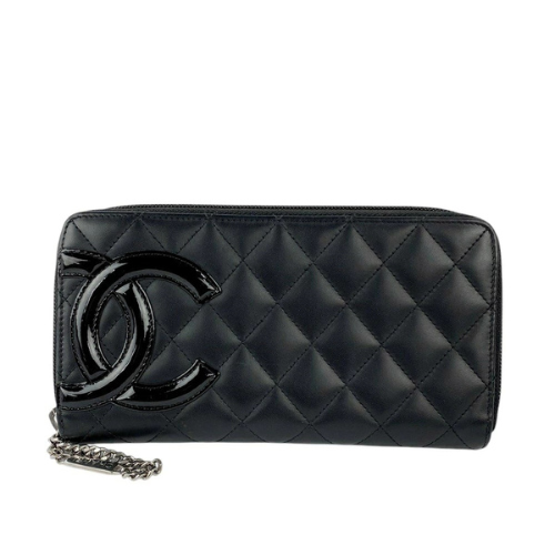 Chanel Cambon Line Long Wallet Round Zip Coco Mark Black Pink  Authentic