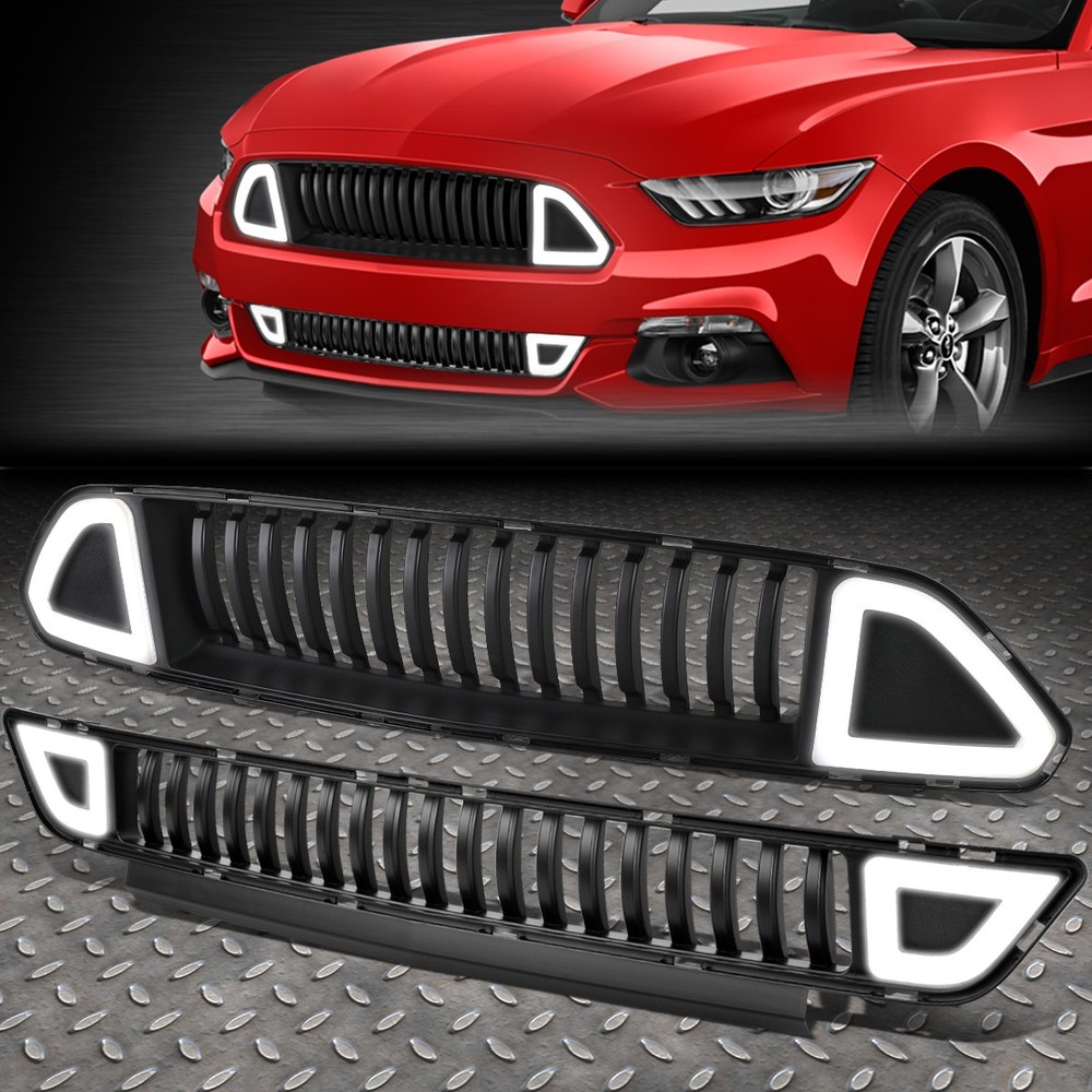 FOR 15-17 FORD MUSTANG TRIANGLE LED DRL VERTICAL FRONT BUMPER UPPER+LOWER GRILLE