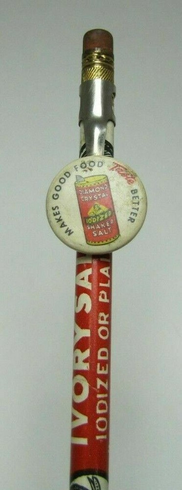 IVORY SALT Pencil with DIAMOND CRYSTAL SHAKER SALT Advertising Topper Elephants