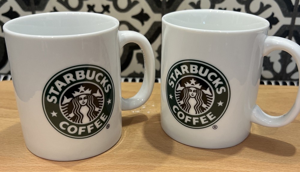 Starbucks White Ceramic Coffee Mug Cup Double Sided Mermaid Logo 2006 lot of 2