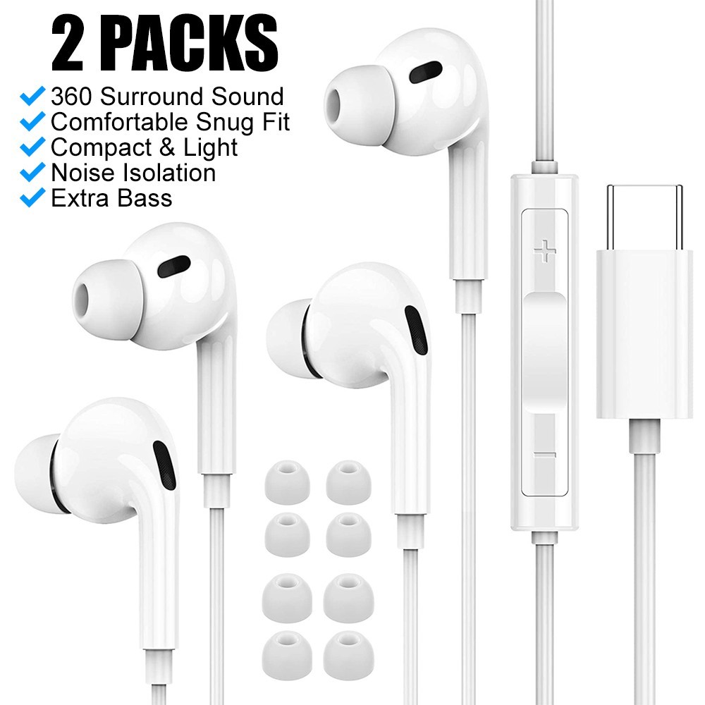 2 Packs USB C Earphones Wired for Samsung iPhone HiFi Stereo Noise Isolate