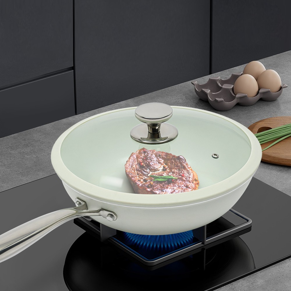 28cm Ceramic Coating Nonstick Fry Pan White Deep Frying Pan with Lid & Spatula?