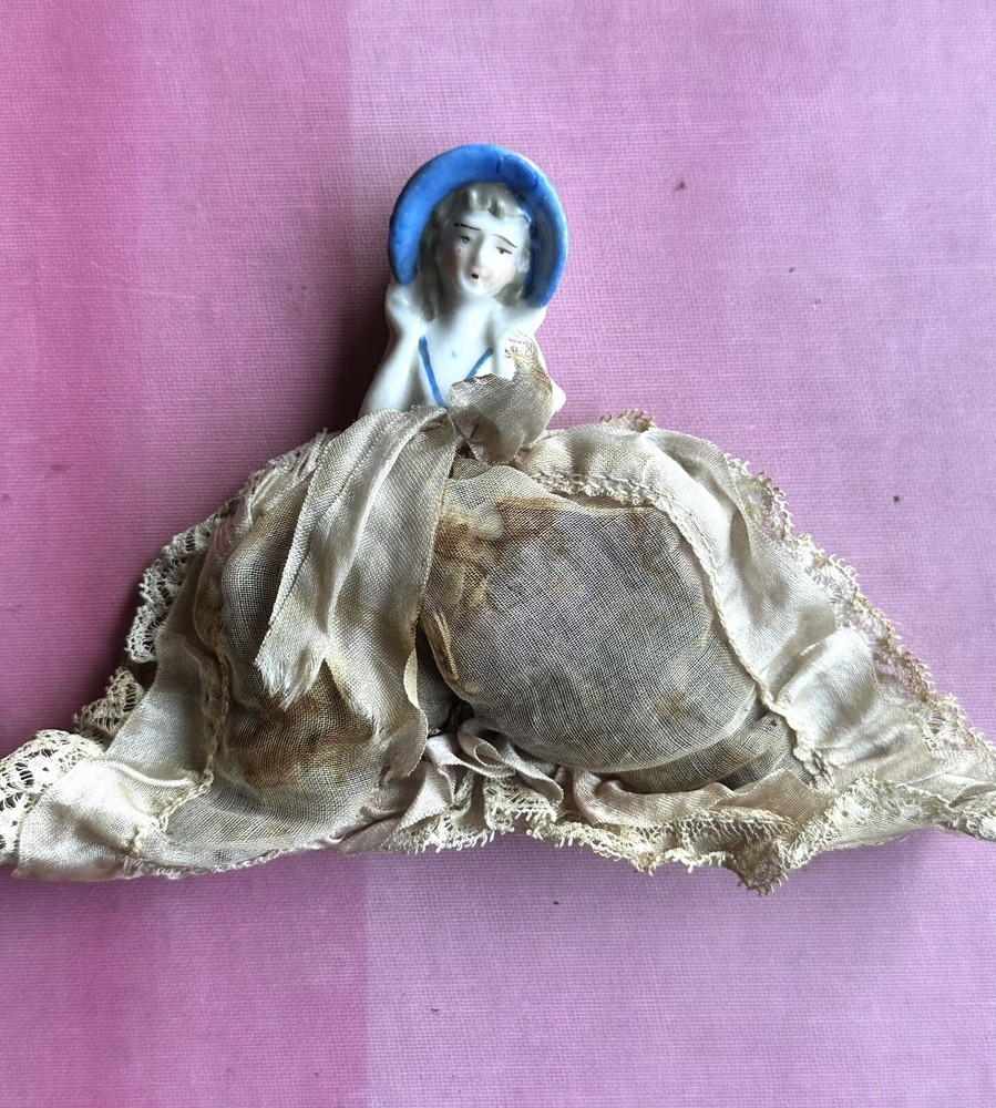 Antique 1920s potpourri perfume bag dress porcelain boudoir half doll  Asis