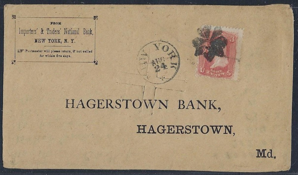 US 1868 FANCY CANCEL TYING Sc 65 NY ON BANK COVER