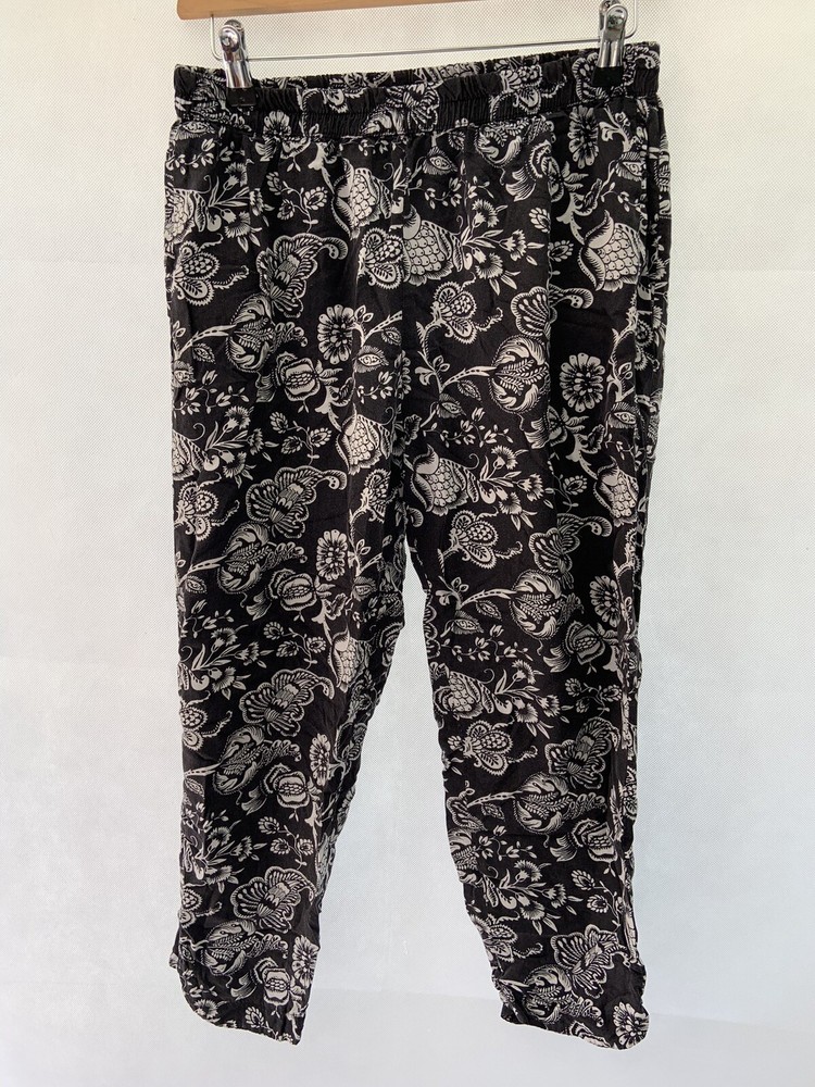 Women's Black & White Floral Viscose Trousers - Size S