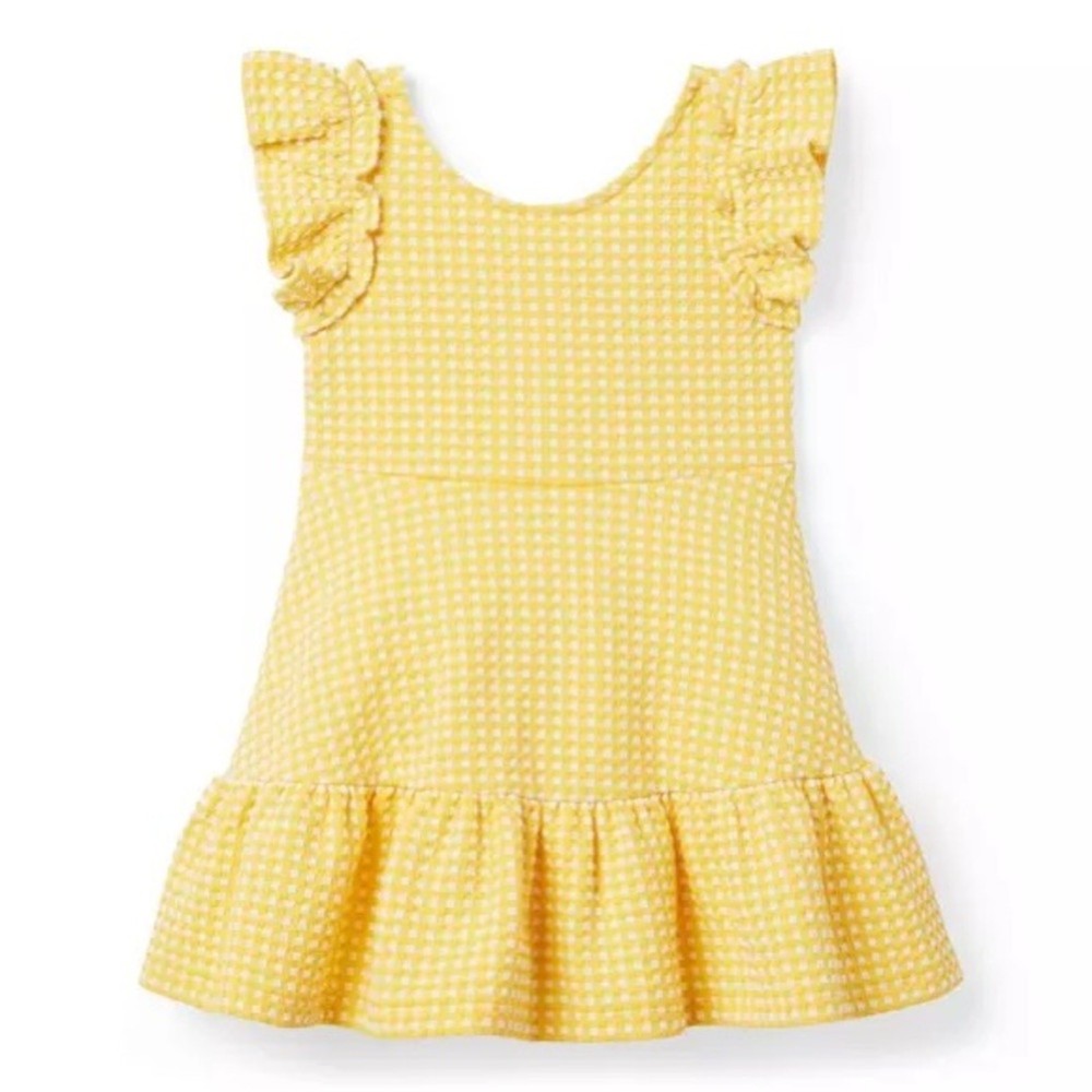Janie and Jack 2T Gingham Knit Seersucker Dress in Mimosa Gingham, EUC